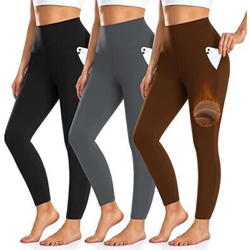 3 Pack Fleece Lined Leggings Women With Pockets -Warm Winter Yoga Pants For